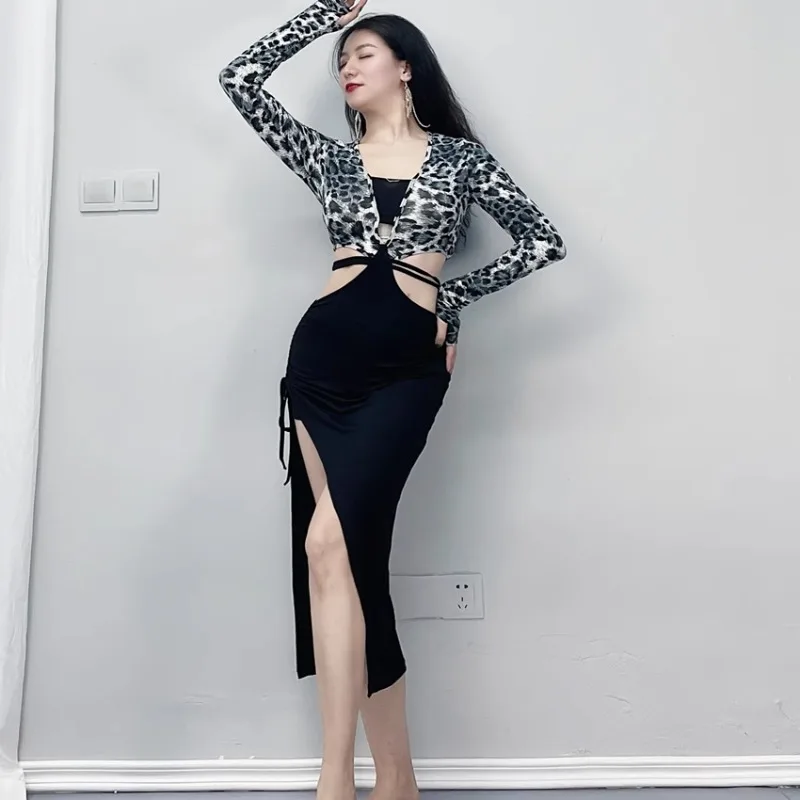 Trajes de dança do ventre swegal personalizados, roupa de prática com estampa de leopardo, vestido modal versátil, roupas de dança oriental