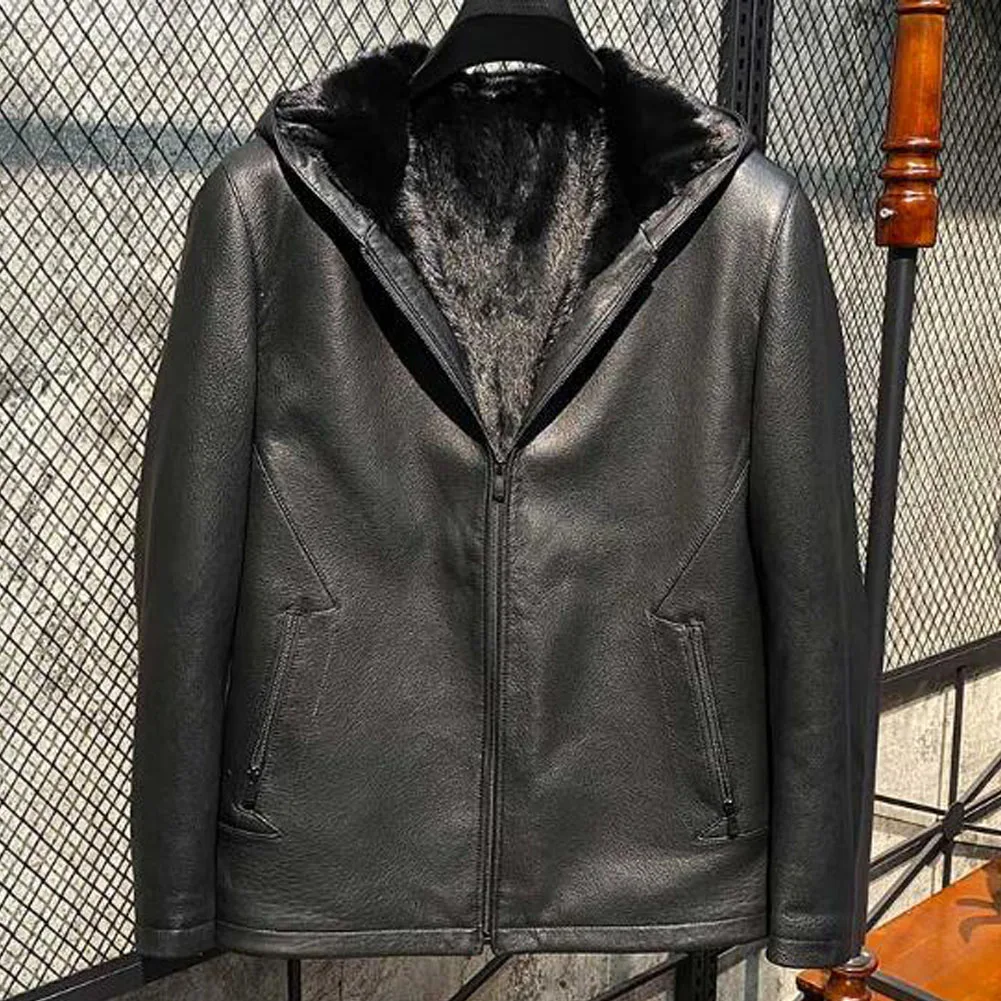 Denny&Dora Men's Hooded Shearling Jacket Short Sheepskin Coat Fur Bomber Jacket