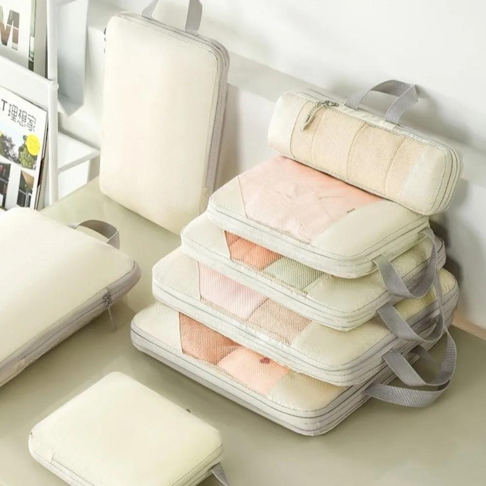 

5Pcs 5 in 1 Set Waterproof Travel Organizer Bag Compression Mesh Surface Clothes Storage Bag Foldable with Handle Toiletries Bag