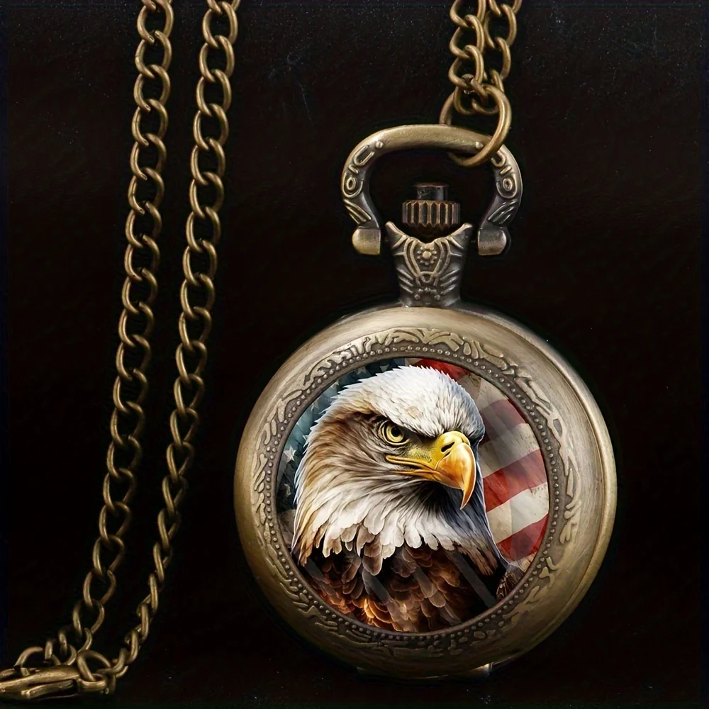 Luxury Bald Eagle Pocket Watch Animal Vintage Gold & Bronze Cool Exquisite Clock With Necklace Chain Men Children Best Gift