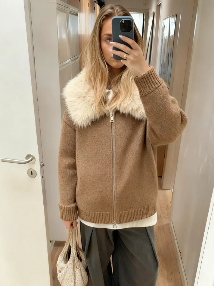 

Autumn Casual Chic Lady Streetwear Street Knitted Fur Women's Cardigan Loose Zipper Long Sleeved Hooded Solid Knitwear Female