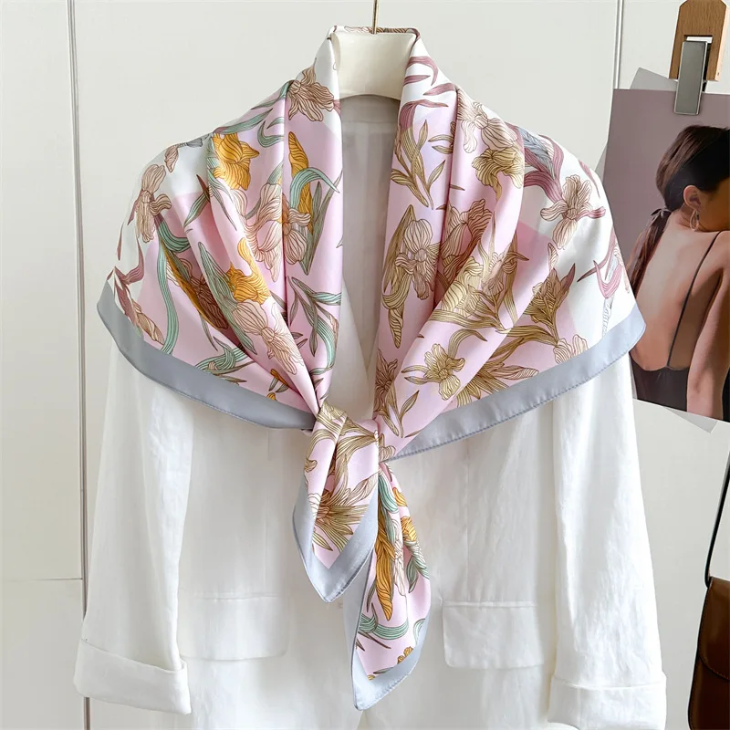 Women Design Flower Print Square Headscarf Popular Scarves Model Headbands Silk Hijab Wraps Bandana 90X90cm Beach Shawl Tie Bag