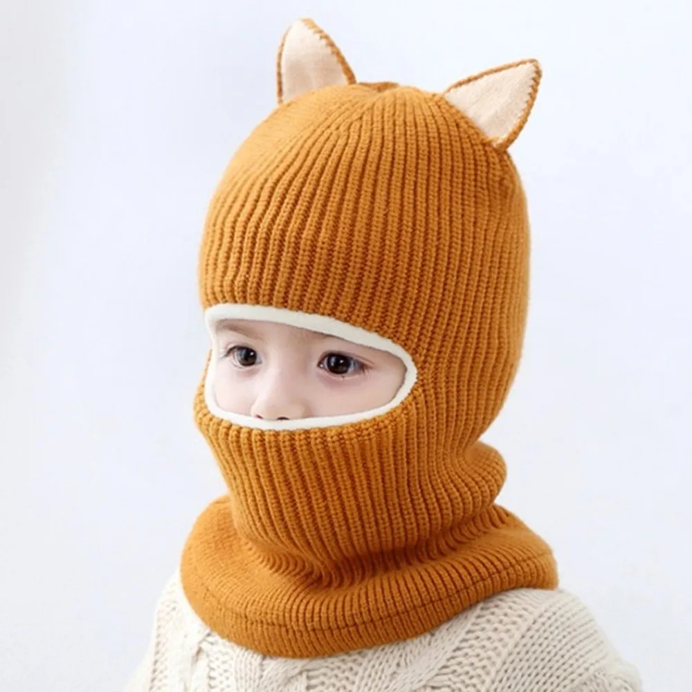 Fashionable Keep Warm Winter Balaclava Hats Thickened Soft Fabric Knitted Baby Hats Solid Color Comfortable Kids Hats Boys Girls