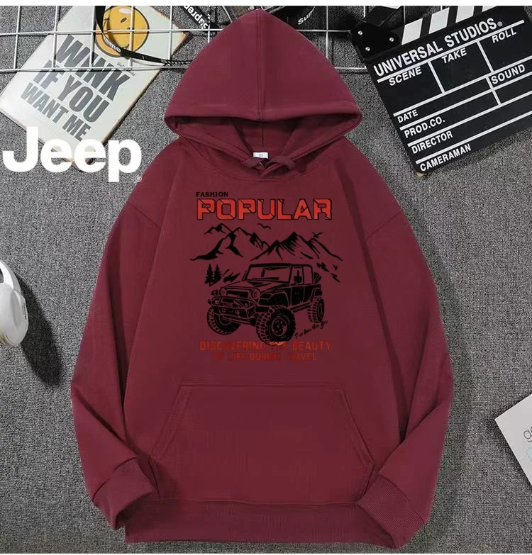 Men JEEP Vintage Outdoor Vehicle Print Hoodie Loose Fit Mountain Travel Long Sleeve Pullover Casual
