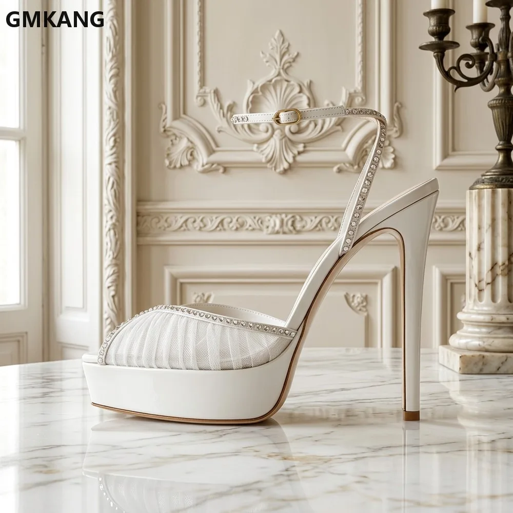 

GMKANG Women's White Mesh Pleated Platform Sandals, Pointed Toe Super High Heel with Crystal Buckle, Summer Wedding Shoes