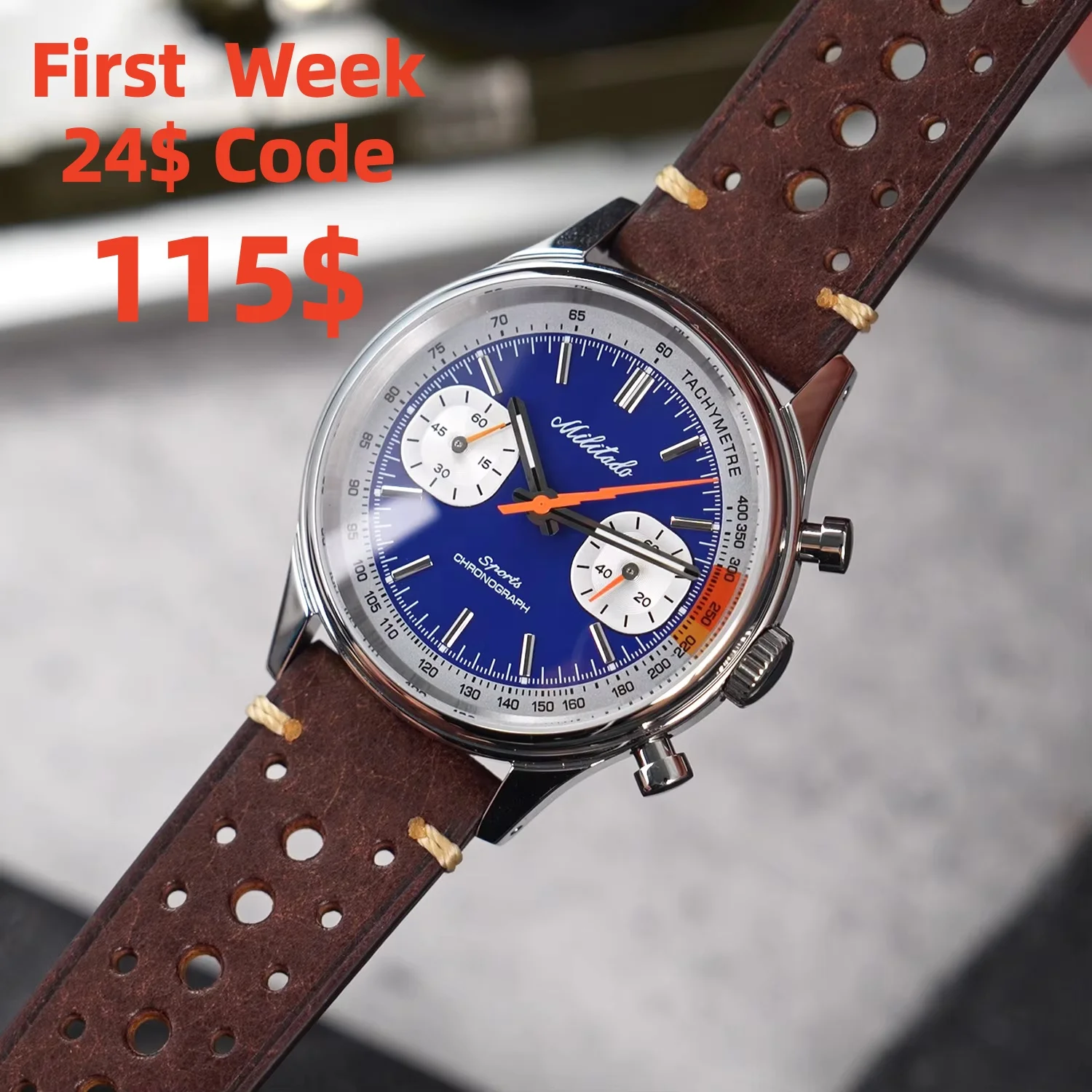 MILITADO ML23 Miyota 6S21 Sweep Chronograph Watch 40mm Sapphire Crystal 316L Steel 100M Waterproof BGW9 Lume Leather Strap