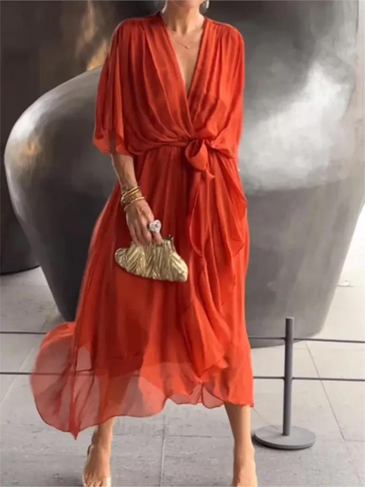 

New Summer Solid Color Simple Lacing Irregular Comfortable Casual Dress Fashion V-neck Bat Sleeve High-waisted Long Skirt