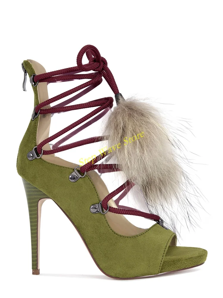 Olivemulti Stiletto Sandal Fierce Buckle Straps Plush Faux Fur Accents Open Toe Thin High Heel Runway 2026 Summer Spring Shoes