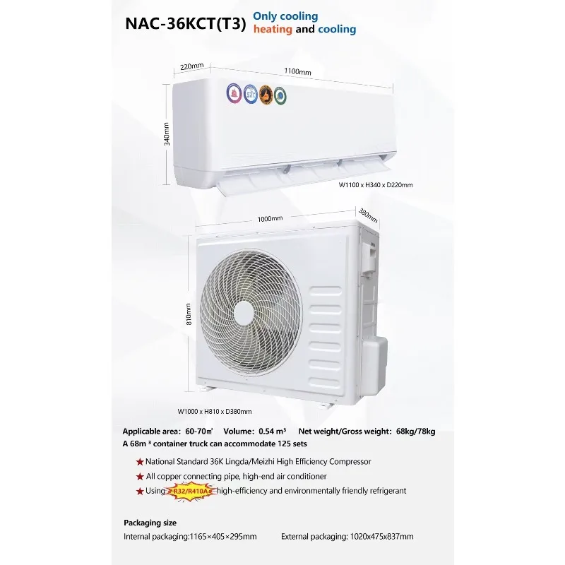 36000 Btu T3 Air Conditioning Type Split Unit AC230V R32/R410a Inverter DC Mini Split Air Conditioners Only cooling