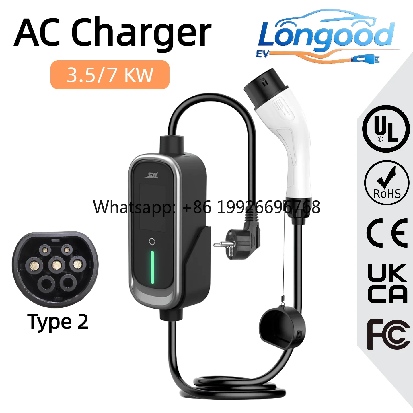 

New Product Type2 Portable AC EV Charger LED Indicator Light&LCD Screen 250V 3.5KW 7KW