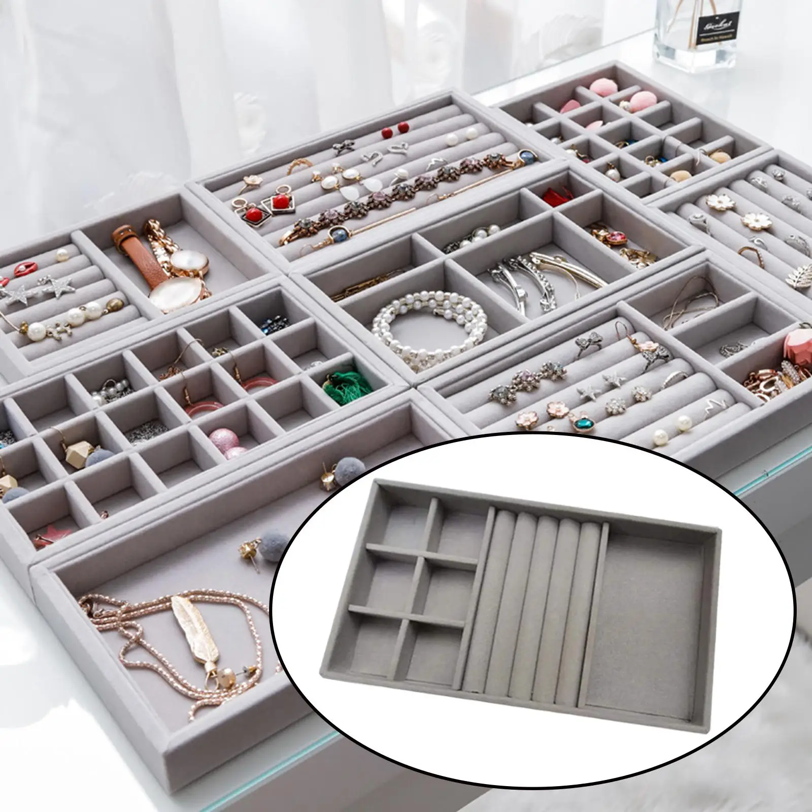 

Stylish Jewelry Organizer with Ample Storage Space, Gray 3 in 1