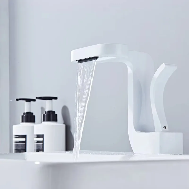 

Modern Single-Hole White Brass Waterfall Faucet Single-Handle Bathroom Mixer Tap for Undercounter Art Basin Sinks