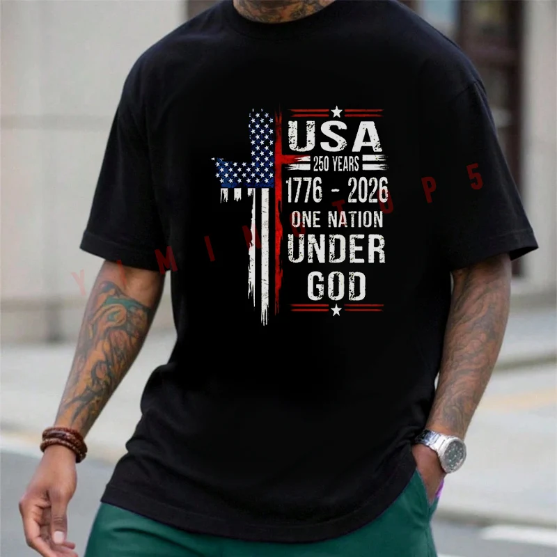 Camiseta de motocicleta para hombre, camiseta de manga corta con cuello redondo, de algodón, a la moda, para verano, USA 250 Years One Nation Under God 1776 2026, para fanáticos de Motorrad