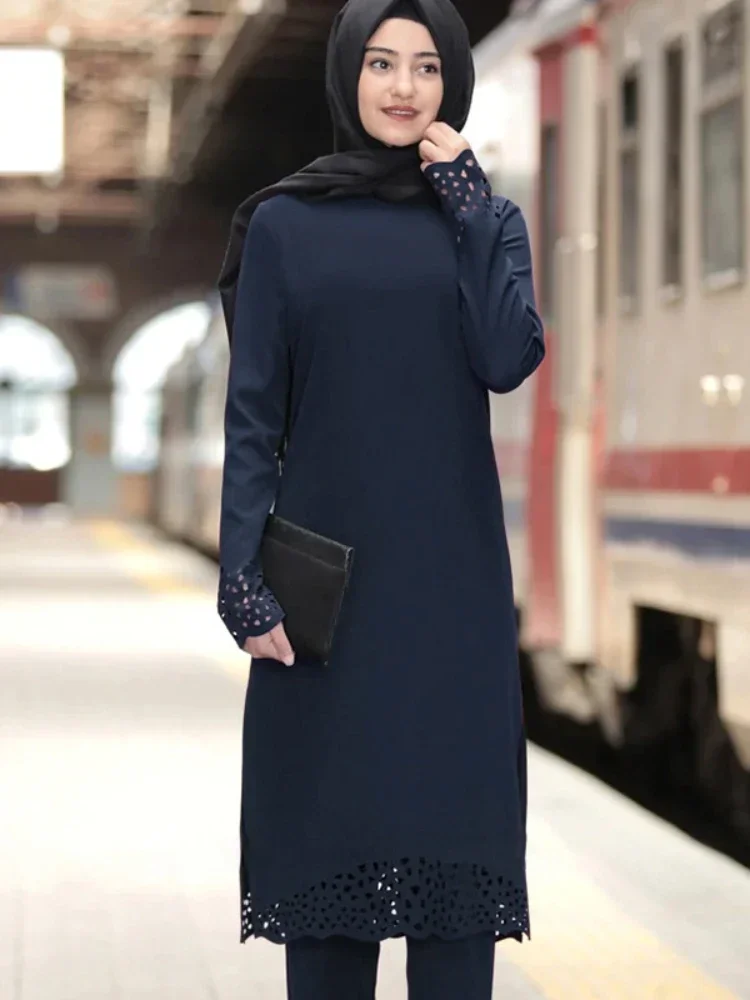 Turkey Muslim Dress Women Long Top Hollow Solid Islamic Clothing Hijab Dresses Moroccan Kaftan  Party Vestidos Abaya 2020