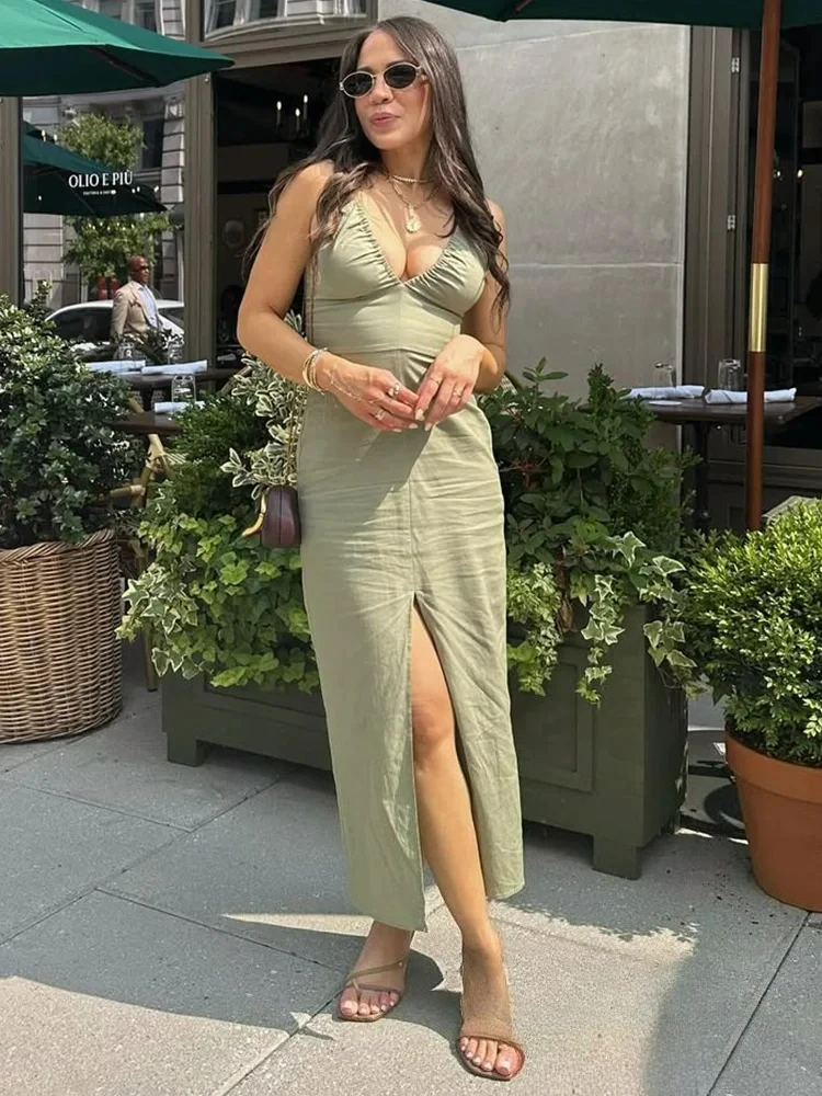 KONDALA Abito longuette da donna sexy chic con scollo a V solido con spacco senza schienale Abito longuette con lacci Moda 2025 Abito da spiaggia per le vacanze primavera estate