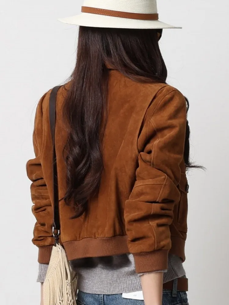 Leisure Ladies Zipper Button Genuine Leather Jackets Solid Color Turn Down Collar Long Sleeves Pockets Sheepskin Outwear