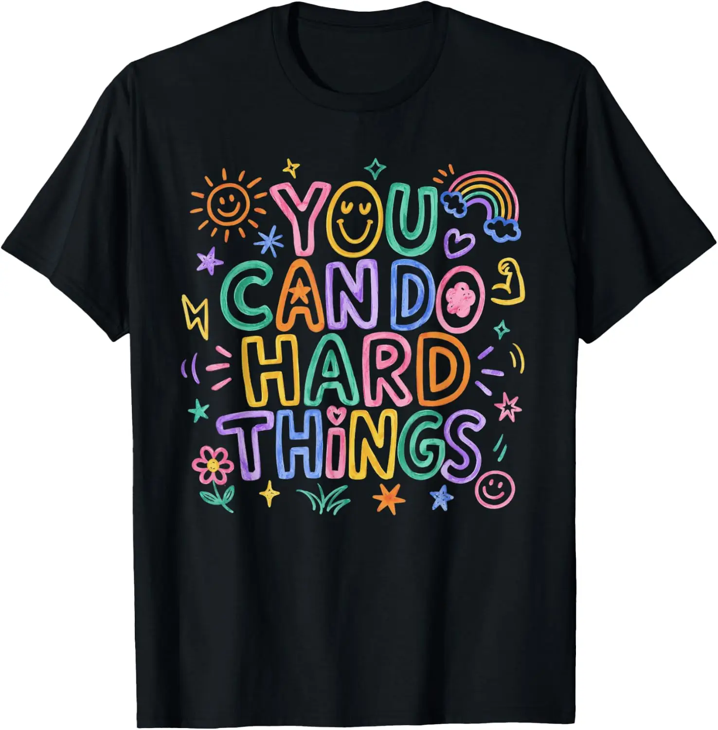 You Can Do Hard Things Doodle Teacher Motivational T-Shirt Men Women Unisex Novelty Graphic T‑Shirt, Classic Crew Neck 100% Cotton Tee, Lightweight Anti‑Pilling Breathable Casual Tops, Year‑Round Daily Outfit, Holiday Birthday Present Tee