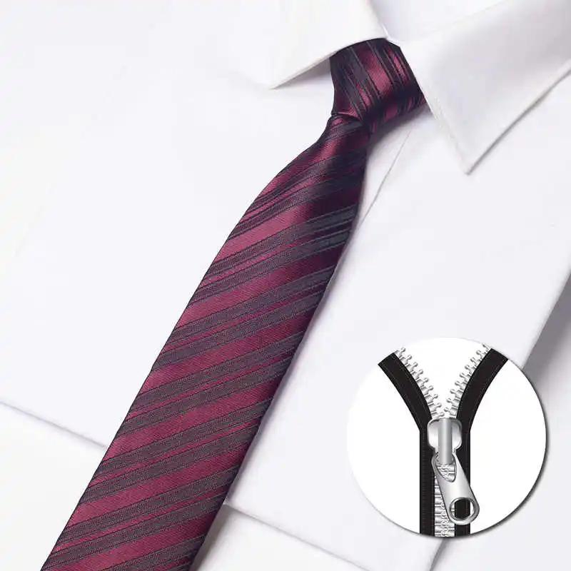 

High Quality Wine Red Striped Zipper Tie Fashionable Men's Narrow Version 6cm Business Banquet Shirt Accessories Zipper Necktie