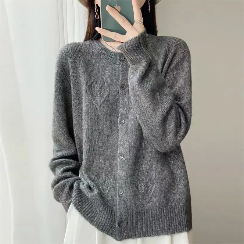 

Thick Grid Love Pattern Jacquard Autumn Winter New Single Breasted Round Neck Warm Women's Cardigan Casual Joker Loose Lazy Tops
