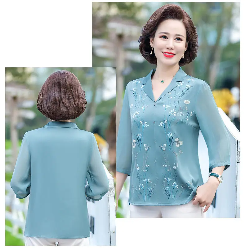 Middle-Aged Elderly Mother Suits Summer 3/4 Sleeve Lapel Shirt Pant Sets Printed Women 2 Piece Outfits Fashion Ensemble Femme