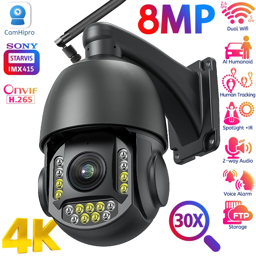 30X Zoom Wifi PTZ IP Camera Outdoor CamHi 4K 8MP Humanoid Tracking Audio Color Night Wireless Speed Dome Surveillance Cameras