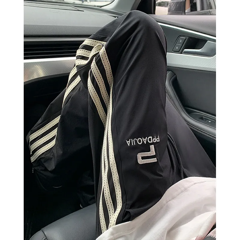 

Qui Dry Tee Bar Stripe Ice Silk Men's Summer Thin American Retro Casual Pants Loose Fit mid Waist Long Straight Tube