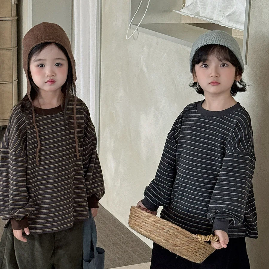 Children Clothes Kids Loose T Shirt 2026 Autumn Color-blocking Striped Long-sleeved T-shirt Boys and Girls Cashmere Top