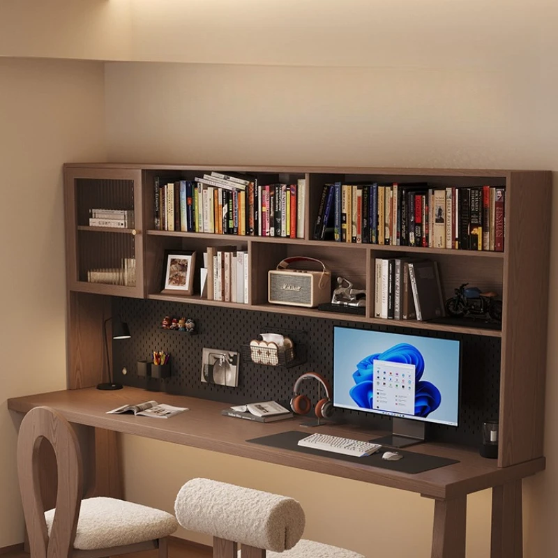 

All solid wood double computer desk bookshelf integrated table home study table