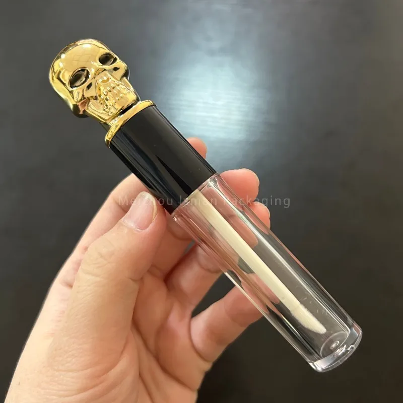 50 pz vuoto unico teschio nero oro nastro scheletro superiore trasparente lucidalabbra tubo contenitore per imballaggio per Halloween con bacchette 5 ml