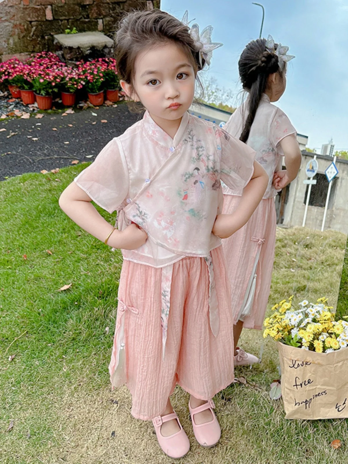 Faionable Hanfu-set voor kleine meisjes, zomer, nieuwe collectie, tweedelige trendy moderne Chinese sle-zijden top en rok, dameskleding