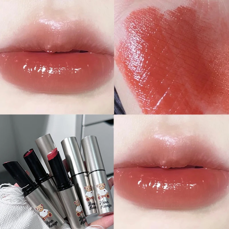 Moisturizing Jelly Lipstick Mirror Glass Cute Bear Solid Lip Gloss Lasting Water Light Non Sticky Red Lips Tint Makeup Cosmetics