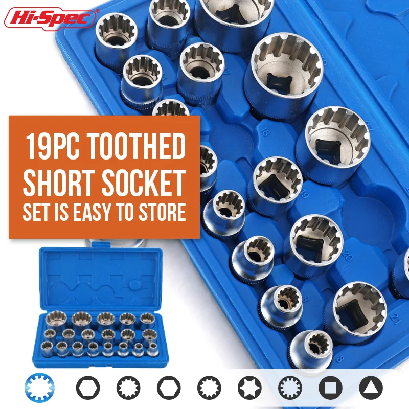 

Hi-Spec 19PCS 1/2" Drive 12 Point Torx Socket Wrench Set Hex Splined Bit Socket Set Hex Bit Hand Tool Kit Sockets Set