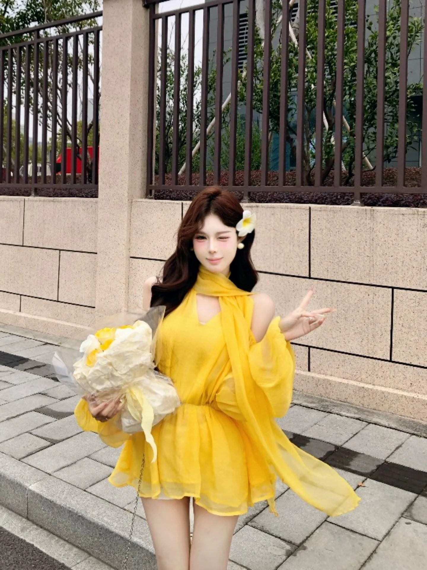 

Yellow Sash Chiffon Shirt Women Summer Design Pure Desire Waist Cinching Slimming Shoulder Bared Top French Style Loose Fit L...