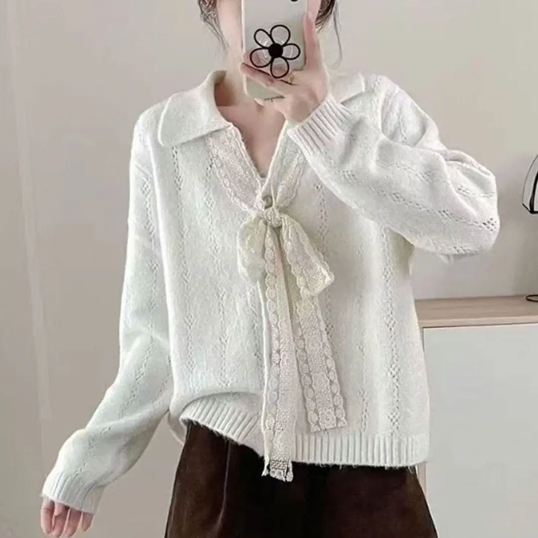 甘いスタイルのレースタイニットセーターコート2025新作秋長袖ラペルカーディガンセーターファッションルーズカーディガンジャケット