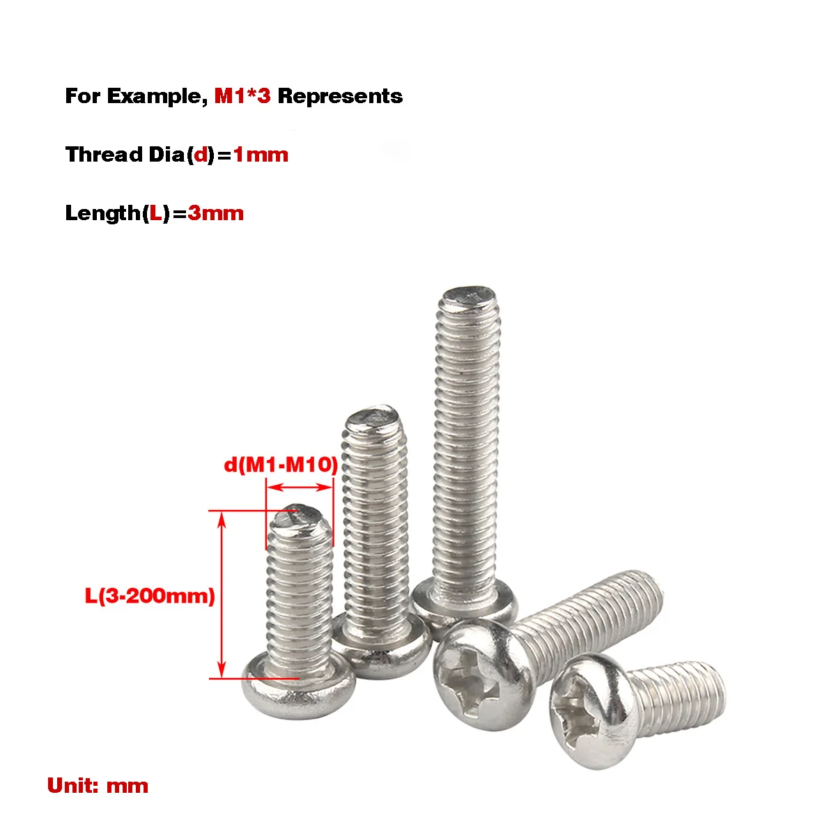 

304 SS Pan / Round Head Flat Tail Bolt, Phillips Screw M1-M10