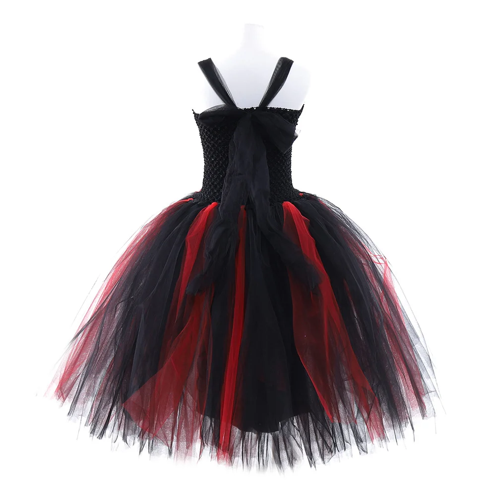 Halloween Festival Party Dress for Girls Witch Cosplay Costume Evil Witch Mesh Black red Lace TuTu Puffy Sleeves Sling Dress Set