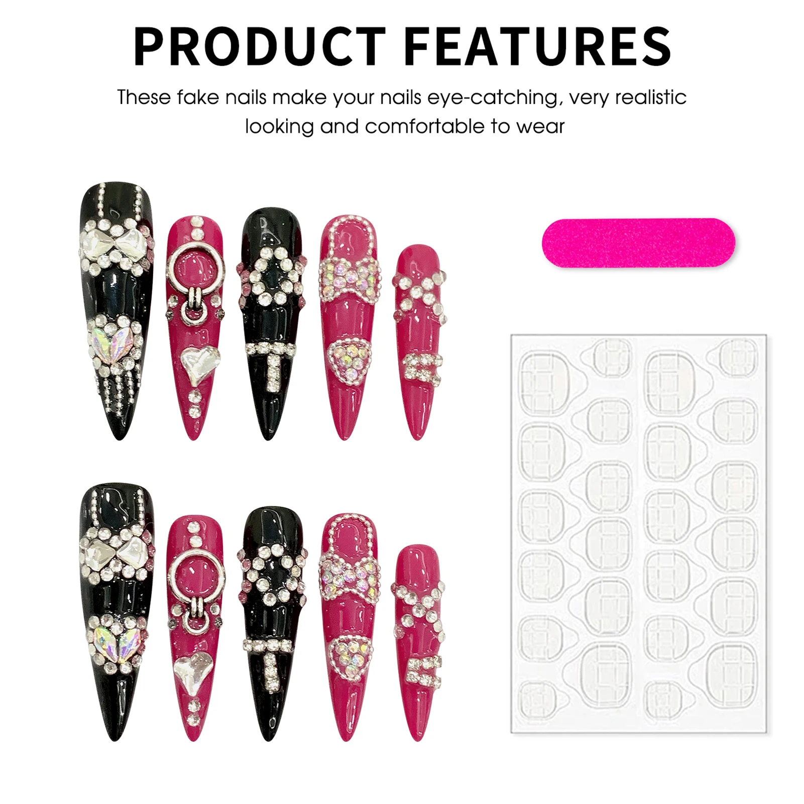 

10pcs Y2k Handmade Press On Nails Full Shiny Diamond Spicy Girl Personality False Nails Balck Rose Pink Long Stiletto Fake Nail