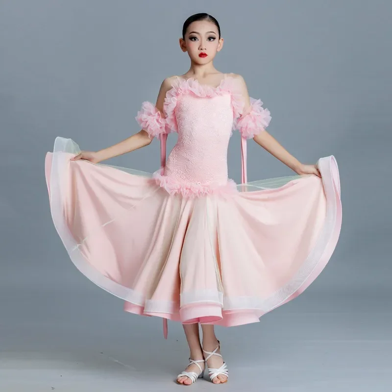 

Off Shoulder Girls Standard Ballroom Dance Performance Dress Kids Waltz Teenager Ball Gown Princess Cosplay Dance Wear