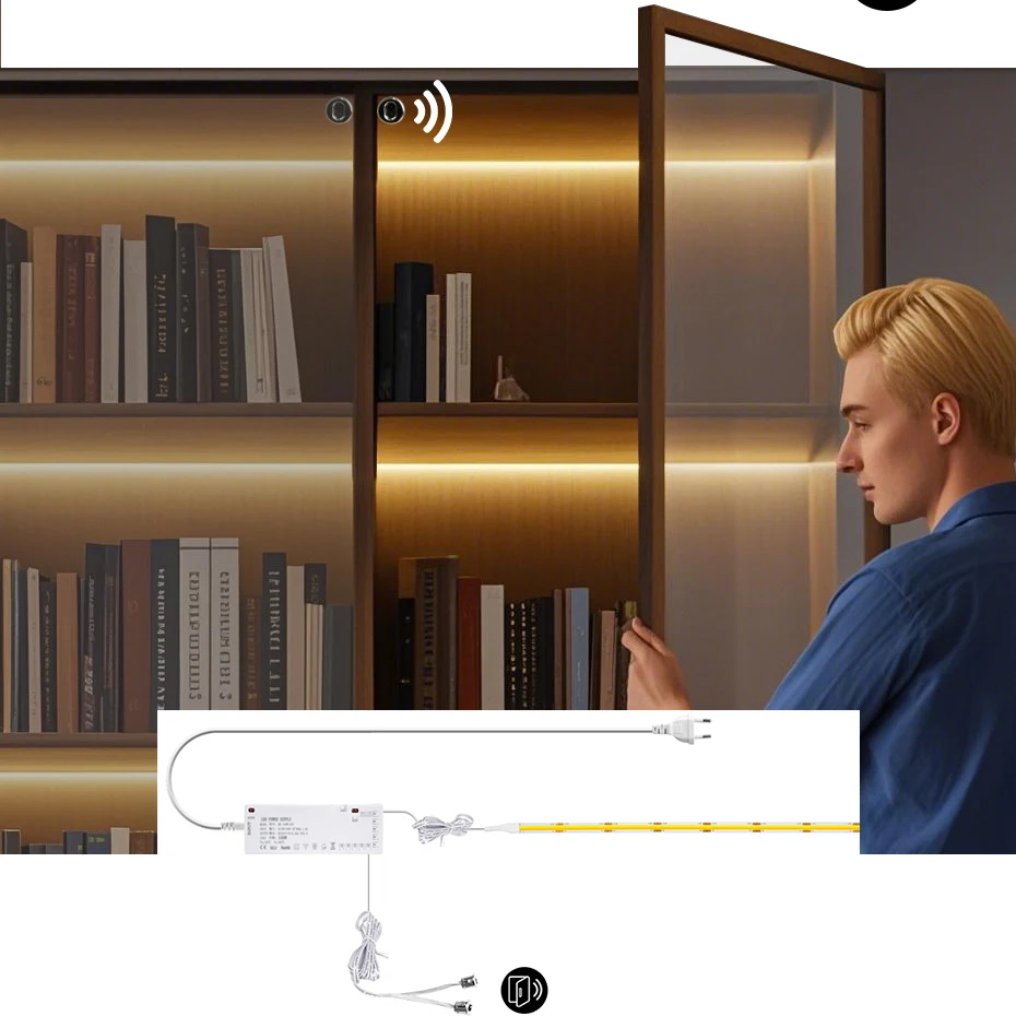 

Dual Door Sensor COB LED Strip Cabinet Light EU AU UK US plug Door Proximity Induction Showcase Wardrobe Decor Lighting Tape