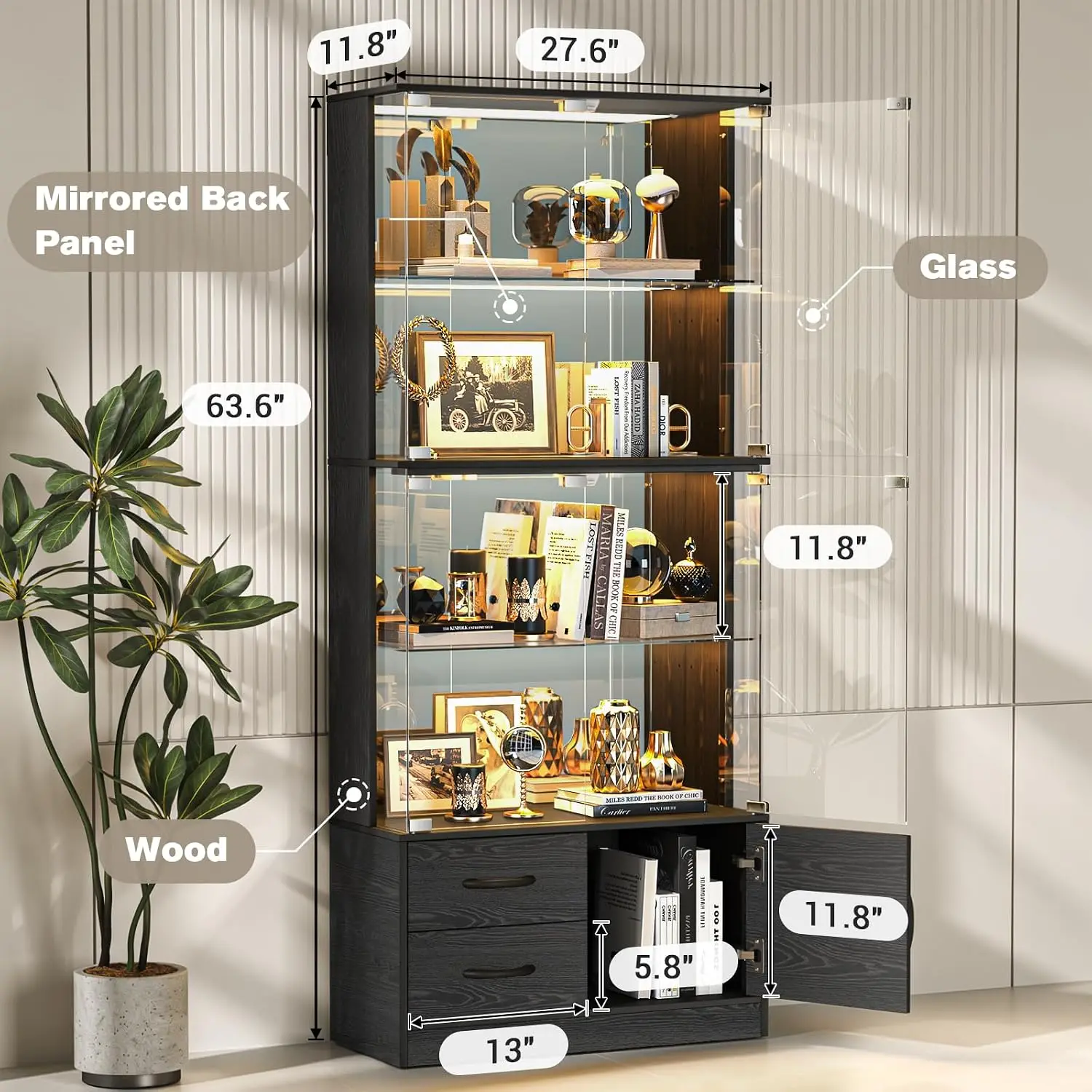 Display Cabinet with Glass Doors, 4-Tier Curio Cabinet, Black, Customized