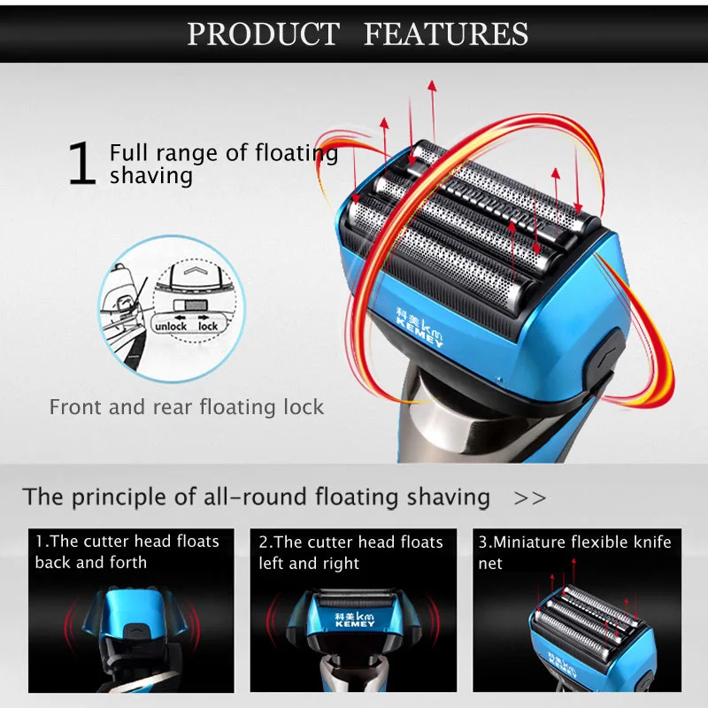 Kemei KM-8150 الرطب الجاف 3 سرعة قابلة للشحن ماكينة حلاقة كهربائية للرجال اللحية الحلاقة الكهربائية الوجه آلة الحلاقة 4 شفرة النظام