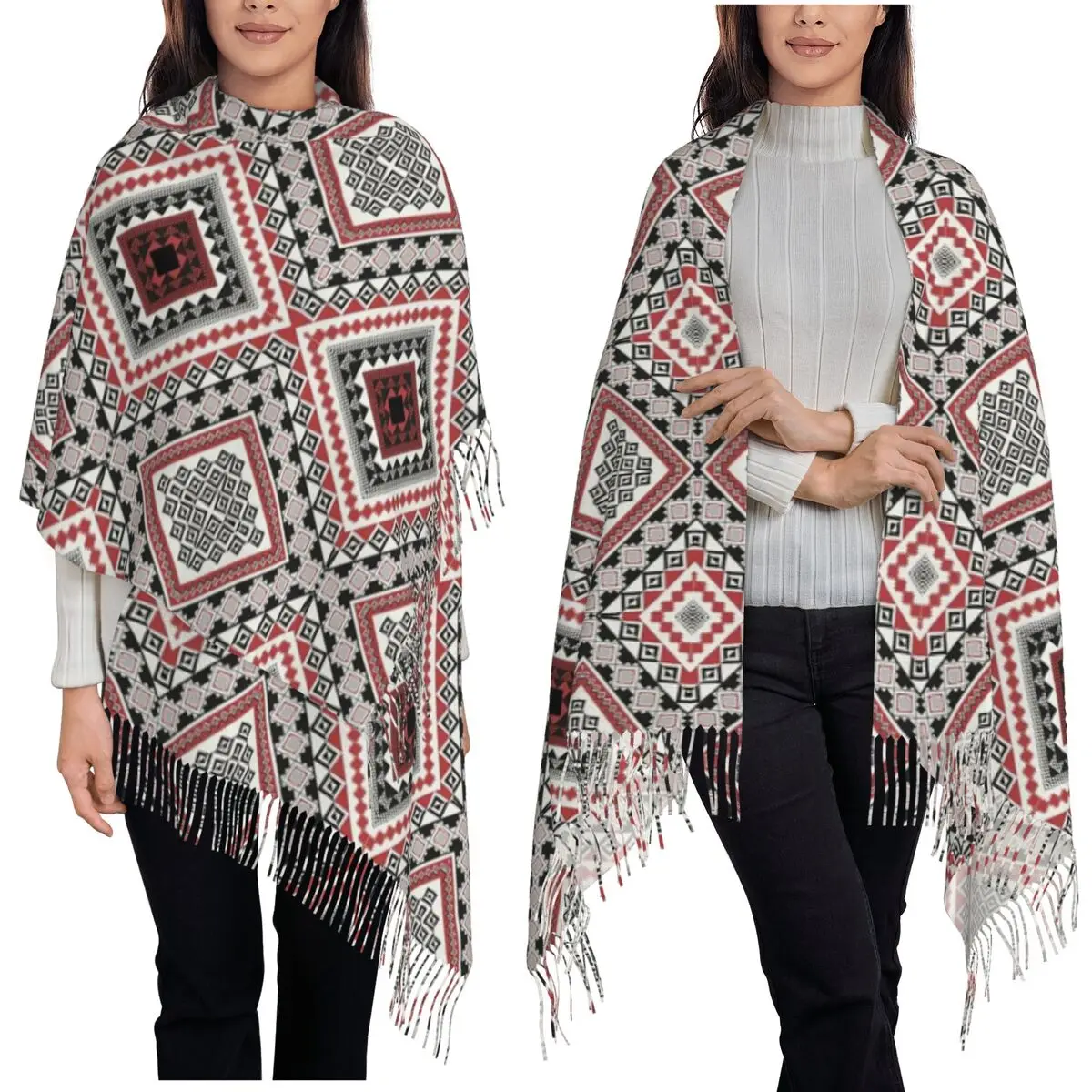 

Шарф с кисточками в геометрическом этническом стиле, женские мягкие теплые шали и накидки, большая осенне-зимняя шаль