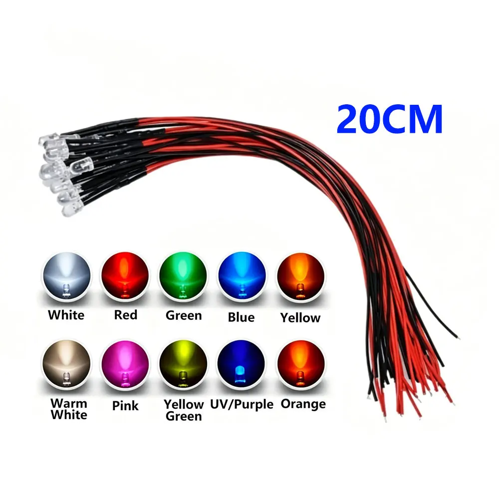 10Pcs 3mm LED Diode 12V Warm White Red Green Blue Yellow Orange UV Purple Pink Prewired 5 9 12 V Light Emitting Indicator Lamp