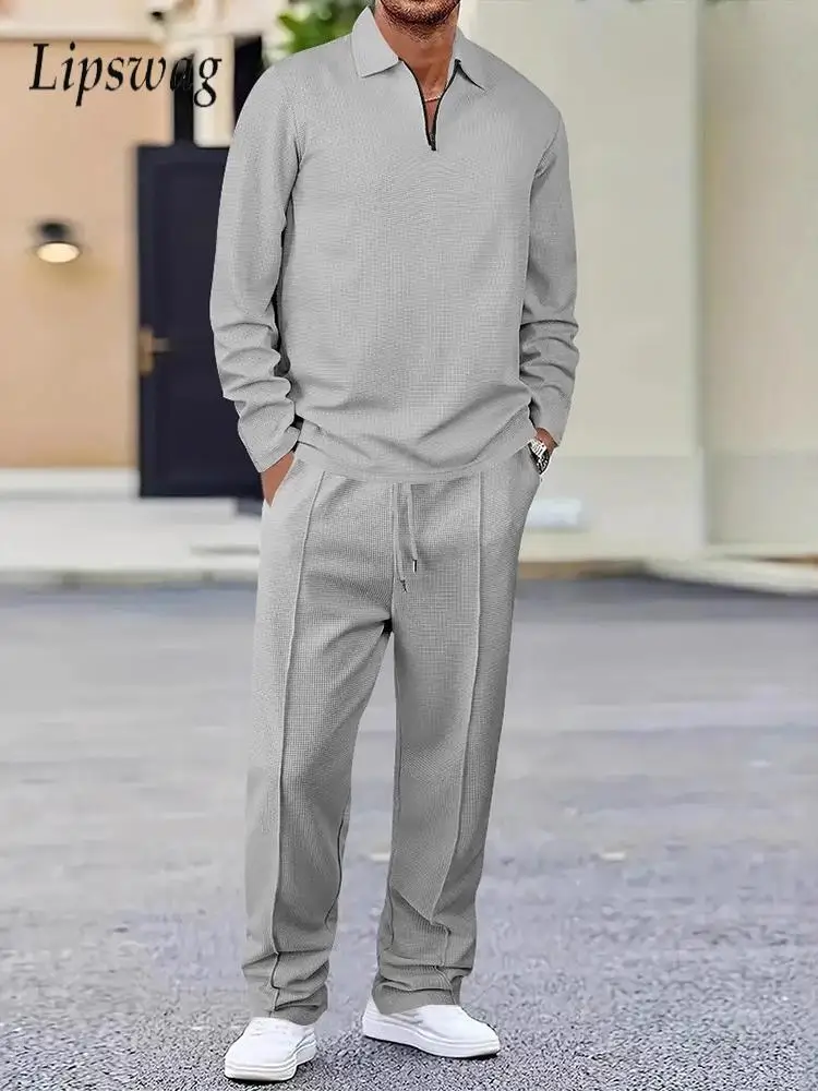 

Модная мужская одежда с вафельной текстурой, осень 2024, повседневные поло и брюки с длинными рукавами, комплекты из двух предметов для мужчин, повседневные костюмы для отдыха