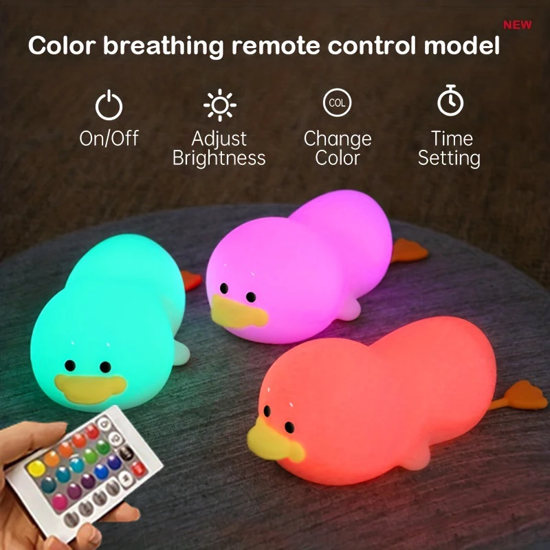 Cute Silicone Duck Night Light Children\'s Nightlight Gift USB Rechargeable Animal Touch Bedside Slepp Lamp Timing Function