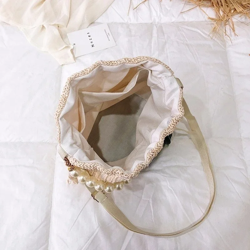 2023 New Straw Plaited Article Women Lace Bucket Bag Causal Holiday Beach Bag Elegant Lace Staw Handbag Shoulder Crossbody Bags