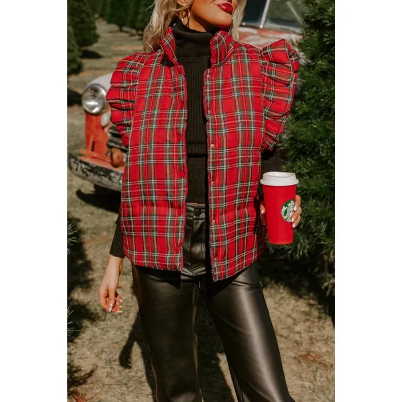 Winter Frauen Plaid Weste Mantel elegante Vintage y2k ärmellose Stehkragen warme dicke Baumwolle gepolsterte Jacke Outwear