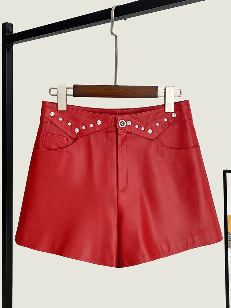

Spring New High Quality Genuine Leather Pants Women's Fashionable All-Match Wide-Leg Loose Waist Casual Shorts
