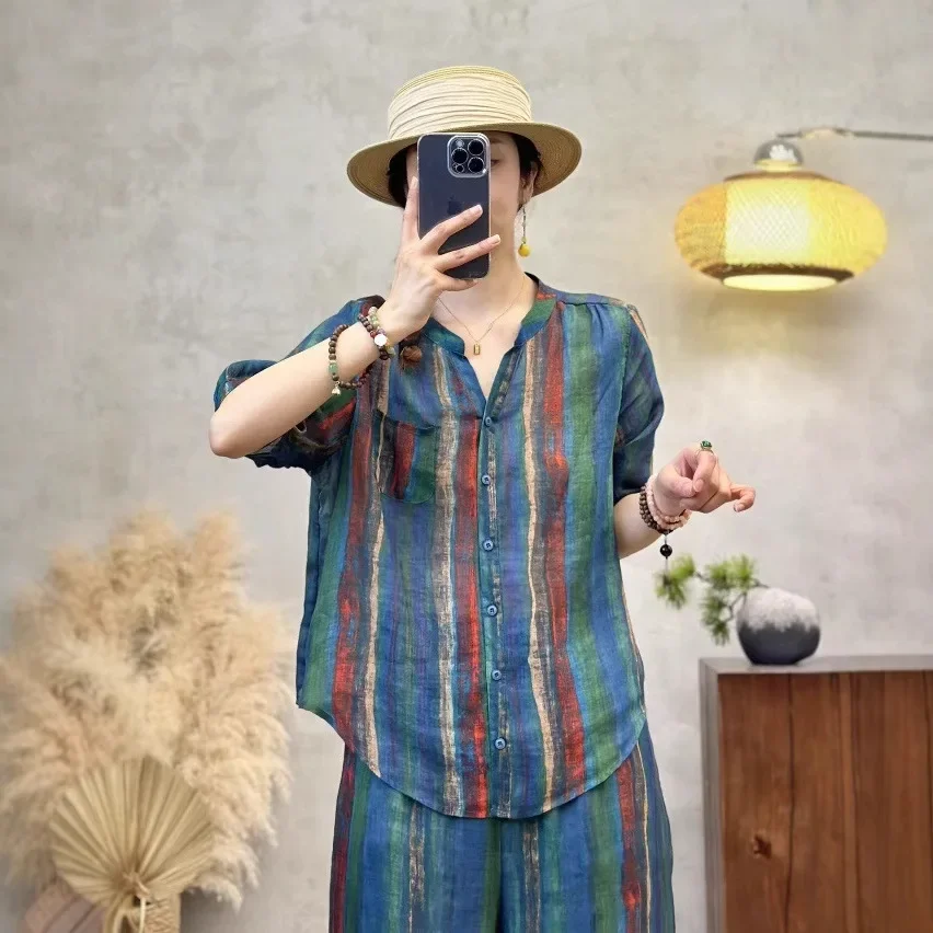 

2025 summer new color striped printed shirt, retro literary cardigan casual V-neck top women