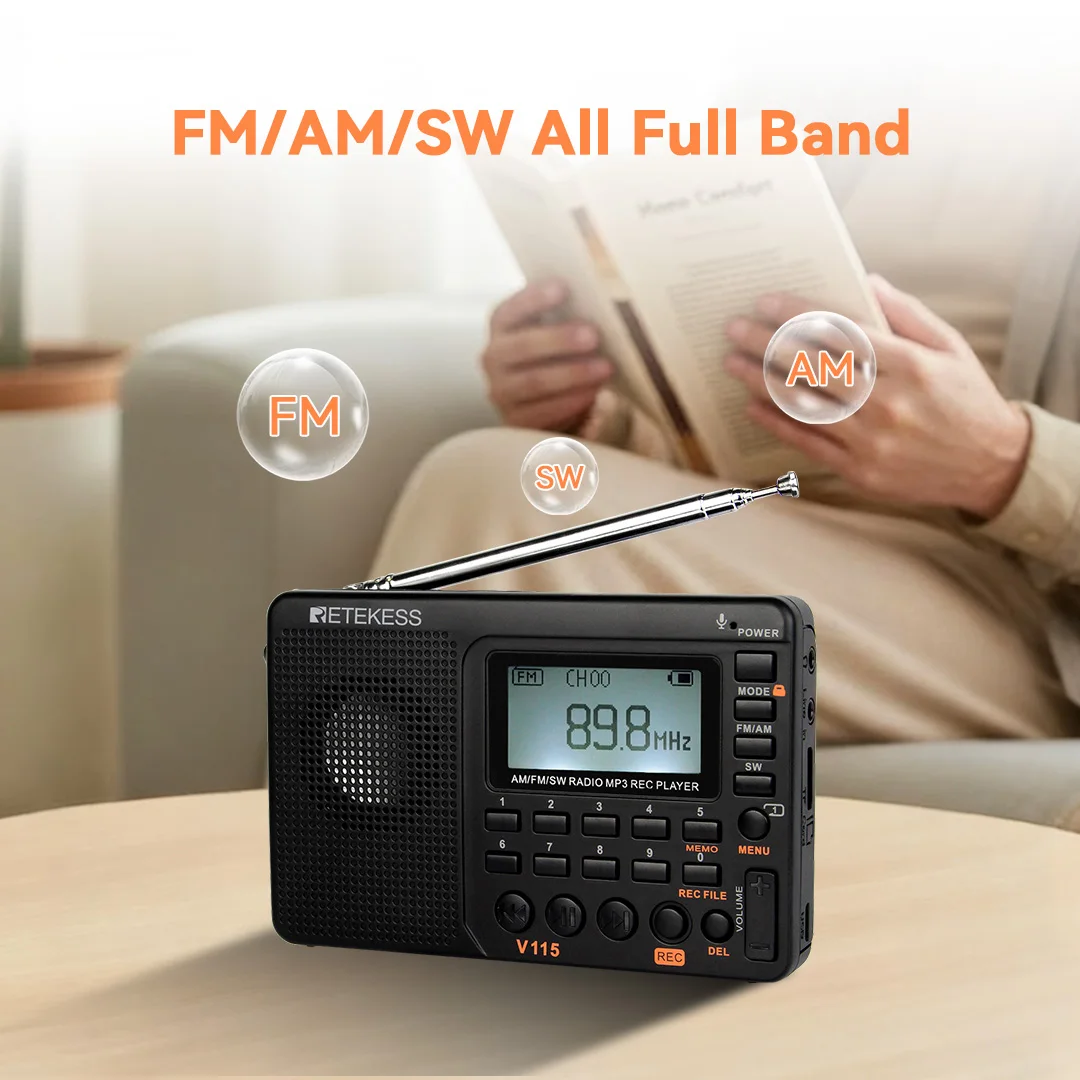 Retekess V115 radio Portable am fm Shortwave radio mini rechargeable radio with MP3 Player, Excellent Sound for Camping and Gift